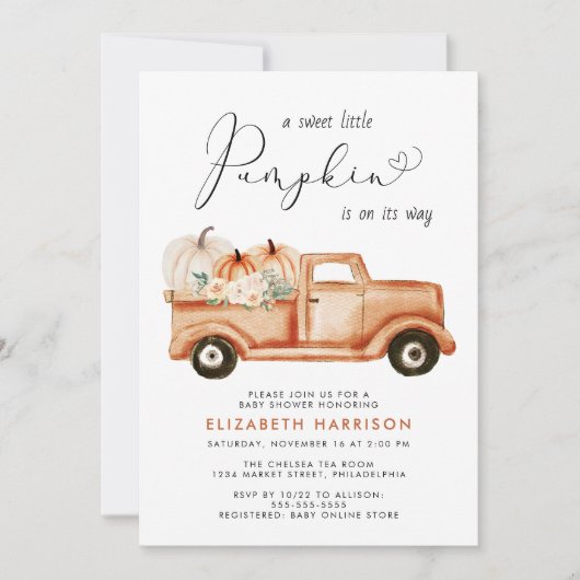 Pompoen Bloemen  Vrachtwagen Baby shower Kaart (Voorkant)