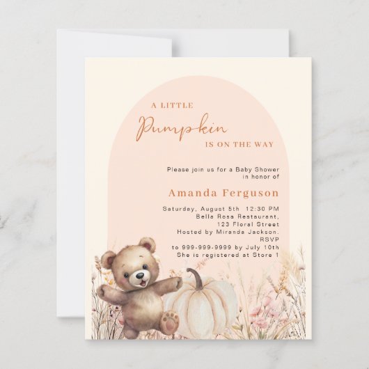 Pompoen bloemenboog teddy Baby shower uitnodiging (Voorkant)