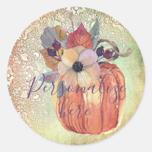 Pompoen bloemenkant herfst elegante rustieke terra ronde sticker (Voorkant)