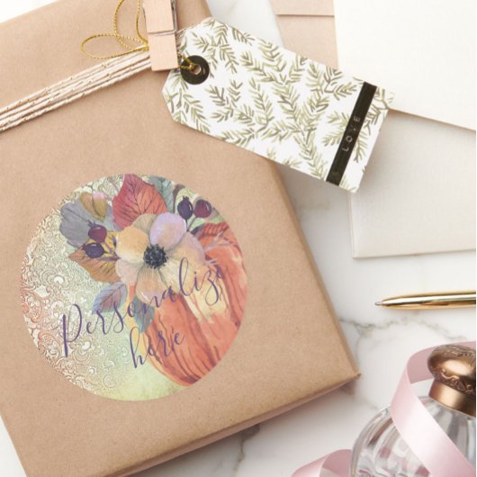 Pompoen bloemenkant herfst sinaasappel paarse goud ronde sticker