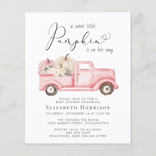 pompoen bloemenwagen baby meisje douche uitnodigin (Voorkant)