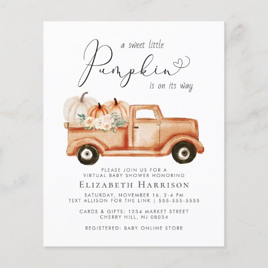 Pompoen Bloemenwagen Virtual Baby shower Invite (Voorkant)