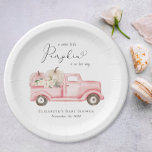 Pompoen Bloemenwagen Waterverf Baby Meisje Douche Papieren Bordje<br><div class="desc">Elegante papieren borden voor je baby meisje douchen met "een lieve kleine pompoen is onderweg" in eenvoudige grijze typografie en een script met een hartslag en waterverven van een  truck met roze en crème pompoenen en bloemboeketten.</div>