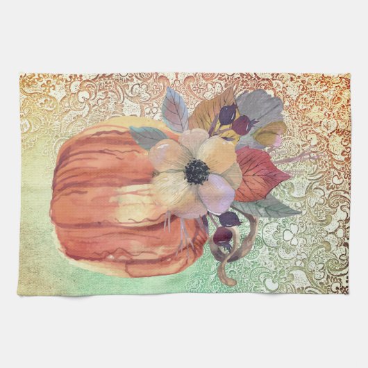 Pompoen bloemig en kant herfst elegant sinaasappel theedoek (Horizontaal)