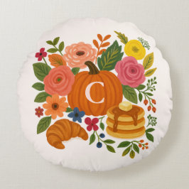 Pompoen Bloemige Monogram Ronde Kussen Herfst