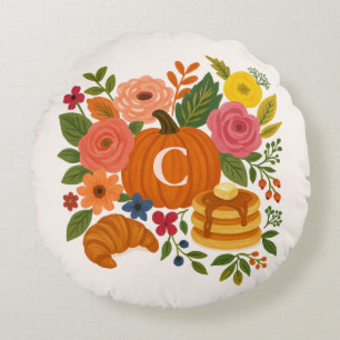 Pompoen Bloemige Monogram Ronde Kussen Herfst