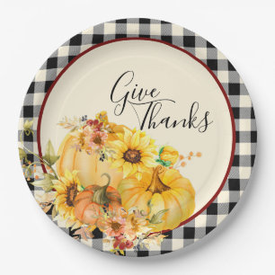 Pompoen bloemmotief en geruit Thanksgiving Papieren Bordje