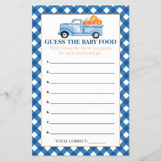 Pompoen Blue Truck Guess Baby Food Shower Games Flyer (Voorkant)