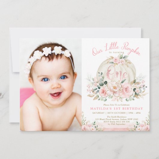  pompoen blush Roos gouden bloemen 1e verjaardag Kaart (Voorkant)