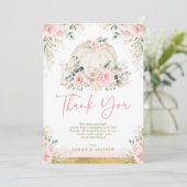 Pompoen Blush Roze Goud Bloemen Herfst Baby shower Bedankkaart (Staand voorkant)