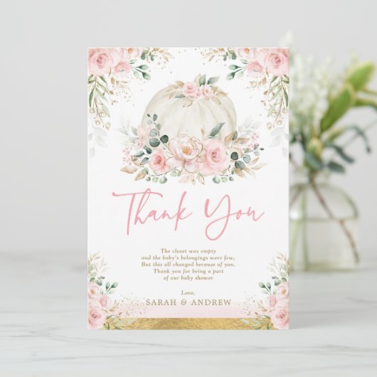 Pompoen Blush Roze Goud Bloemen Herfst Baby shower Bedankkaart (Staand voorkant)