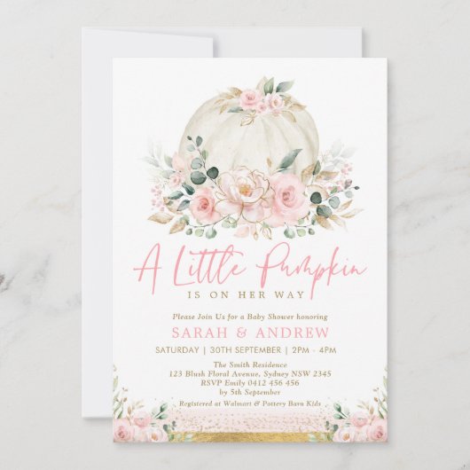Pompoen Blush Roze Goud Bloemen Herfst Baby shower Kaart (Voorkant)