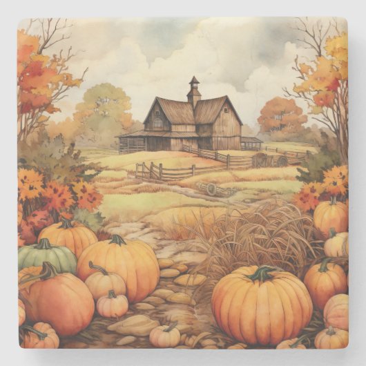 Pompoen Boerderij Herfst Oogst Thanksgiving Stenen Onderzetter (Voorkant)