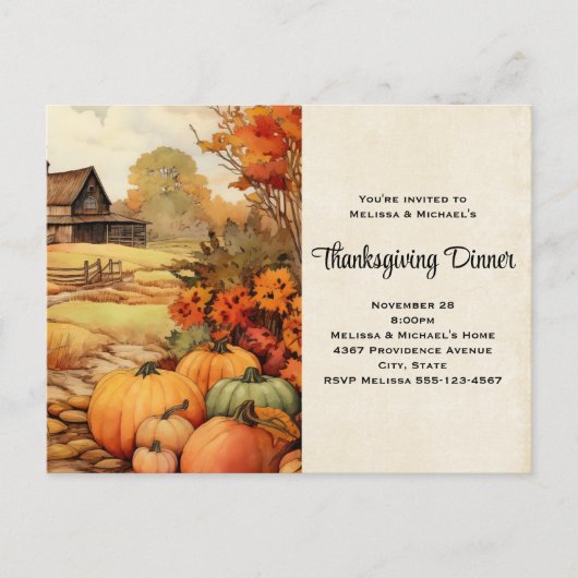 Pompoen Boerderij Herfst Oogst Thanksgiving Uitnodiging Briefkaart (Voorkant)