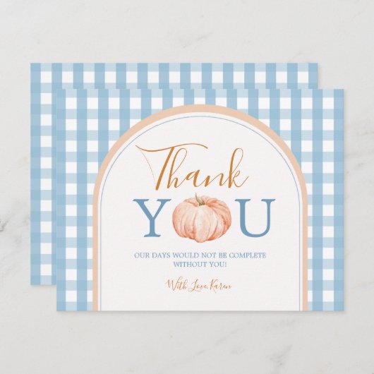 Pompoen Boho Blue Gingham 1e verjaardag Bedankkaart (Voorkant / Achterkant)