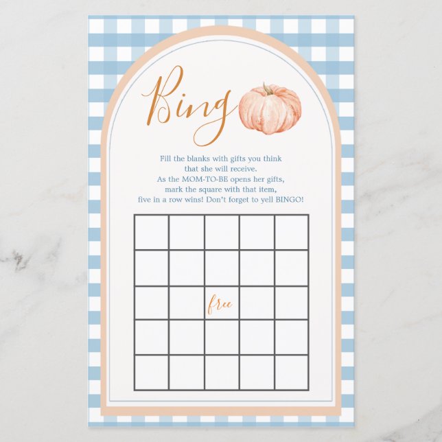Pompoen Boho Blue Gingham 1e verjaardag Bingo Game (Voorkant)