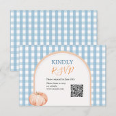 Pompoen Boho Blue Gingham 1e verjaardag RSVP Bedankkaart (Voorkant / Achterkant)