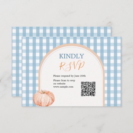 Pompoen Boho Blue Gingham 1e verjaardag RSVP Bedankkaart (Voorkant / Achterkant)