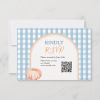 Pompoen Boho Blue Gingham 1e verjaardag RSVP
