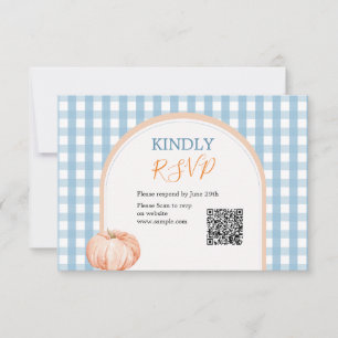 Pompoen Boho Blue Gingham 1e verjaardag RSVP Bedankkaart