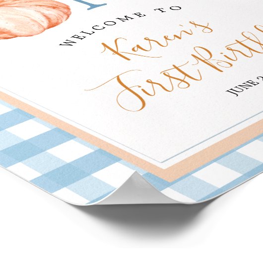 Pompoen Boho Blue Gingham 1e verjaardag Welkom Poster (Hoek)