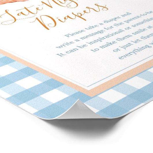 Pompoen Boho Blue Gingham Late Night Luier Sign Poster (Hoek)