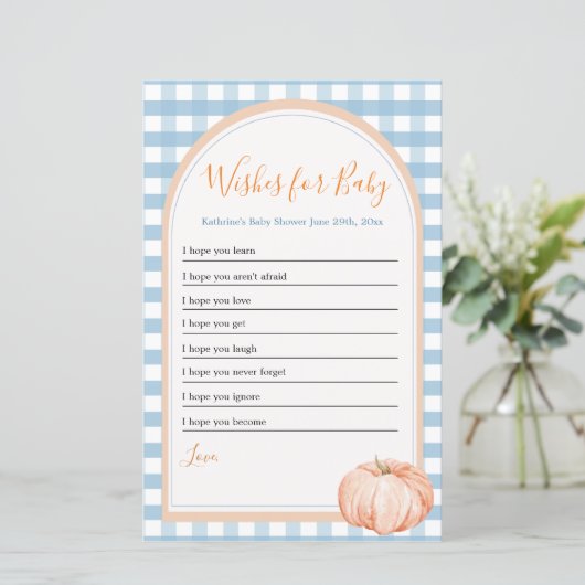 Pompoen Boho Blue Gingham Wensen voor Baby (Staand voorkant)