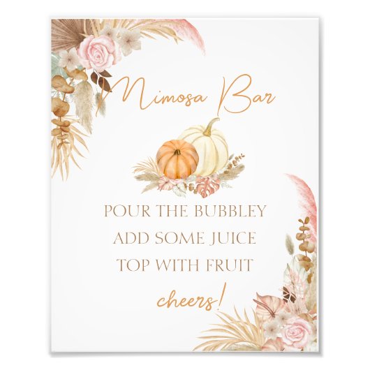 Pompoen Boho Floral Baby shower Mimosa Bar Poster (Voorkant)