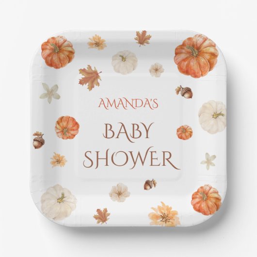 Pompoen Boho Herfst Herfst Baby shower Bloemen Papieren Bordje (Voorkant)