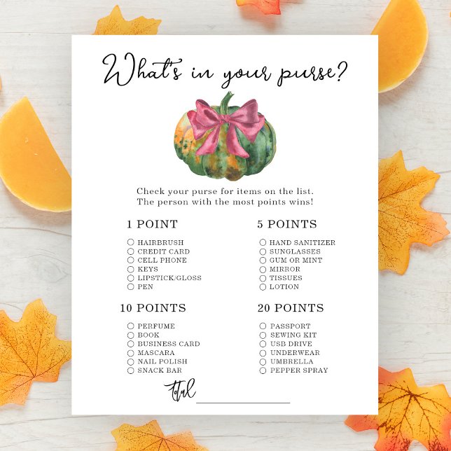 Pompoen boog baby shower Whats in je tas spel (Creator heeft geüpload)