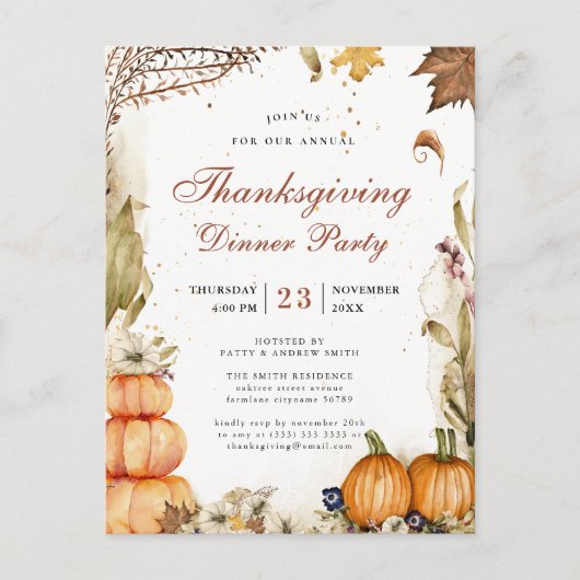 Pompoen Botanische Herfst Thanksgiving Diner Party Uitnodiging Briefkaart (Voorkant)