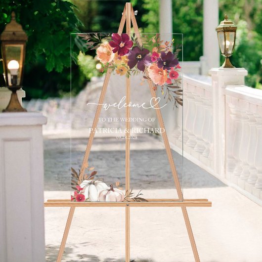 Pompoen Bourgondië Bloemen Fall Wedding Welkom Acryl Bord