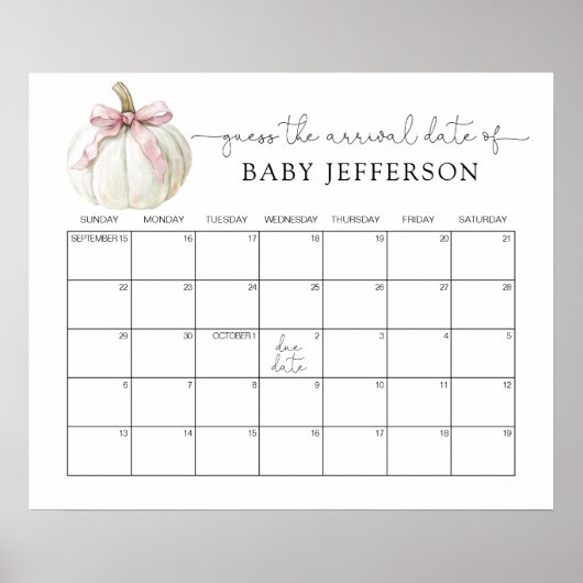 Pompoen & Bow Baby shower Guess Vervaldatum Kalend Poster (Voorkant)