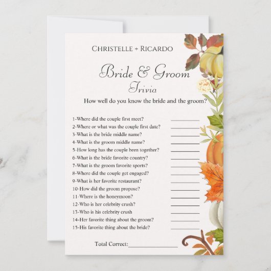 Pompoen bruid & bruidegom trivia vrijgezellenfeest aankondiging (Voorkant)