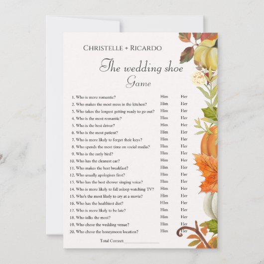Pompoen bruiloft schoen spel bachelorette partij s aankondiging (Voorkant)