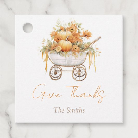 Pompoen Carriage Waterverf Square Baby shower Labe Bedankjes Labels (Voorkant)