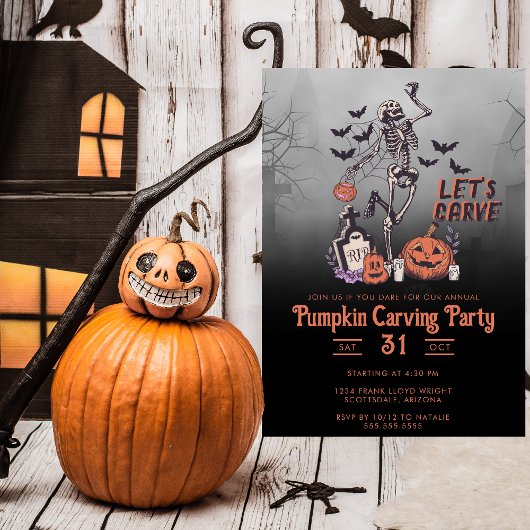 Pompoen Carving Party Custom Skelet Halloween Kaart