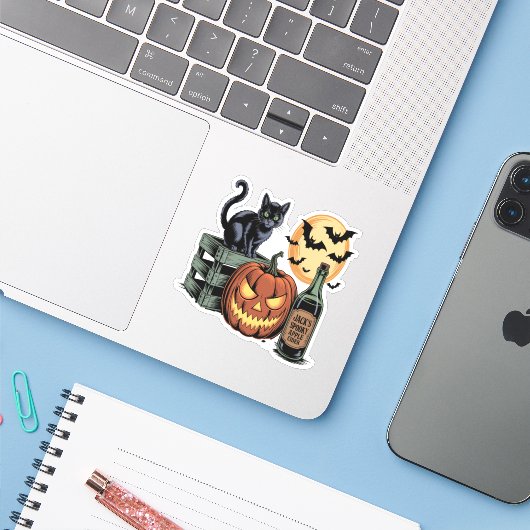 Pompoen Cat Beer Halloween Sticker (Laptop met iPhone)