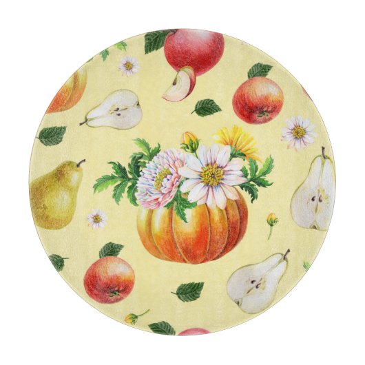 Pompoen, chrysant: herfst fruit illustratie. snijplank (Voorkant)