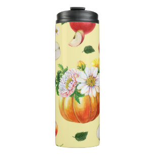 Pompoen, chrysant: herfst fruit illustratie. thermosbeker