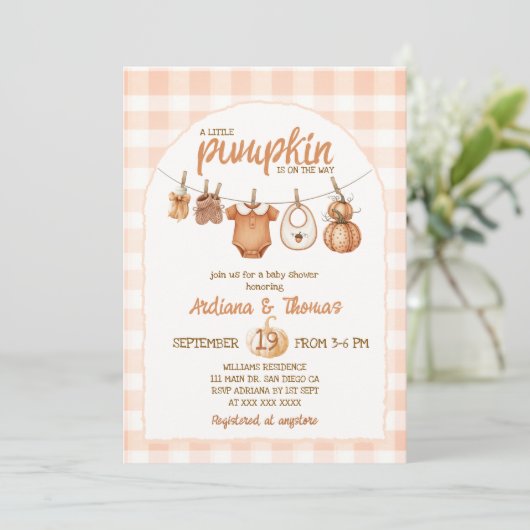 Pompoen Clothesline Rustiek Baby shower Kaart (Staand voorkant)