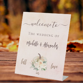 Pompoen crème blush bloemen herfst welkom bruiloft reclamebord met voetstuk
