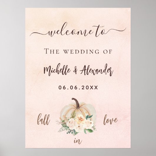 Pompoen crème blush bloemen herfst welkom huwelijk poster (Voorkant)