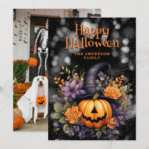 Pompoen dragen van een Pet Bloemen Foto Halloween  Feestdagenkaart