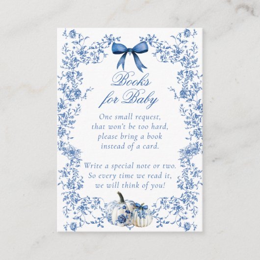 Pompoen Dusty Blue Toile Bloemen Boek Baby shower Informatiekaartje (Voorkant)