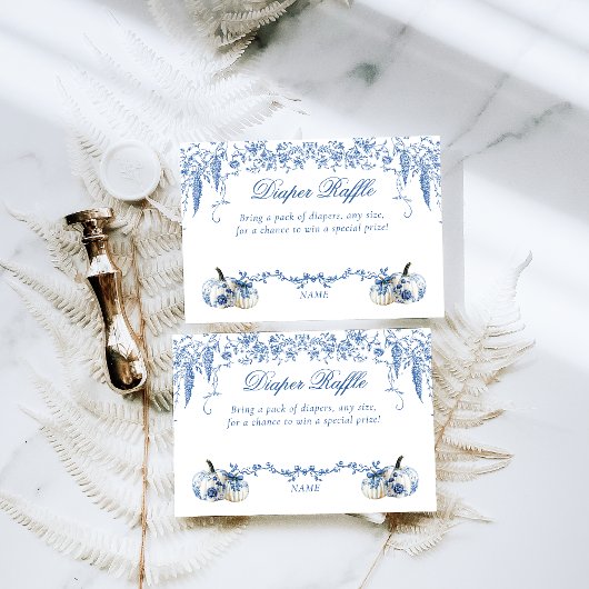 Pompoen Dusty Blue Toile Bloemenluier Baby shower Informatiekaartje