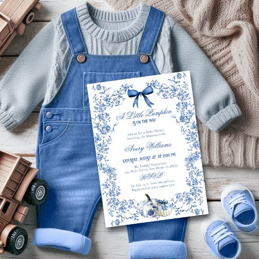 Pompoen Dusty Blue Whimsical Floral Baby shower Kaart