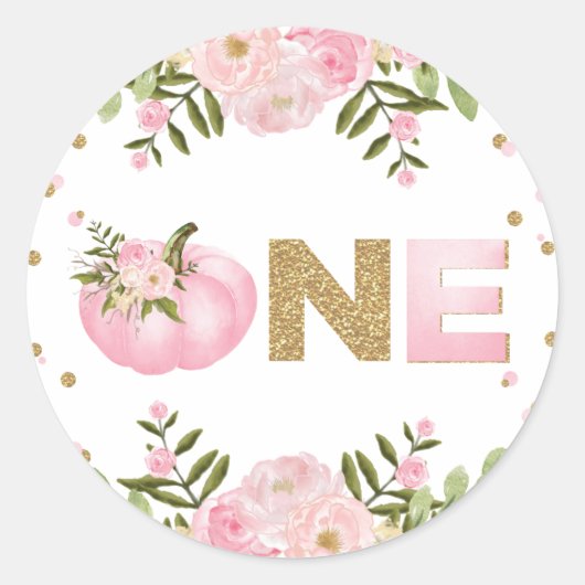Pompoen Eerste 1e Verjaardag Roze Bloemen Herfst H Ronde Sticker (Voorkant)