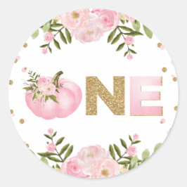 Pompoen Eerste 1e Verjaardag Roze Bloemen Herfst H Ronde Sticker
