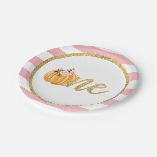 Pompoen eerste verjaardag Bord papier - roze strep (Gekanteld)